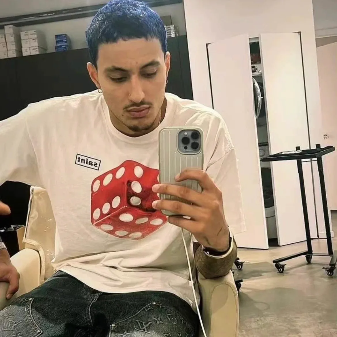 SAINT Mxxxxxx CIRCLE TEE/WHT SAINT dice printed washed short sleeves off-white S-XL cylindrical side seam fabric high weight cylindrical woven tee original development highly restored printing VINTAGE black label/wash label code correct/tag code correct Invincible details Top purchasing level